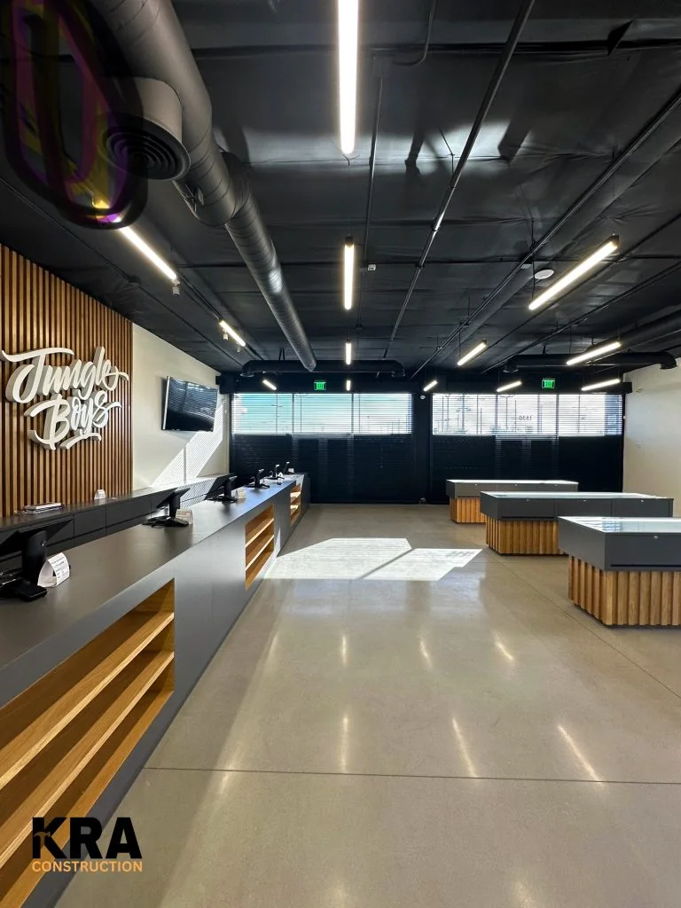 Finished commercial interior with counter and seating